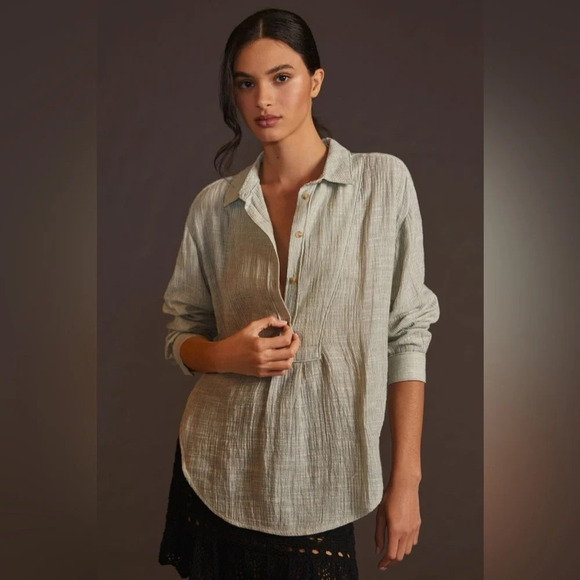 ANTHROPOLOGIE V-Neck Popover Shirt in Blue - Picture 1 of 11